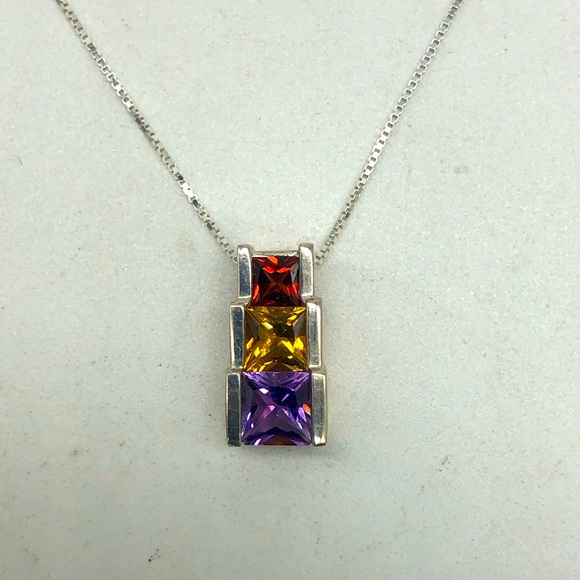Vtg Gemstone Pendant Necklace 925 Sterling Silver Amethyst Citrine Garnet Box - Picture 5 of 8